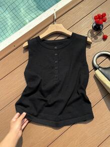 Comfortcana 大码女式纯色纽扣半襟休闲针织背心 - 黑色 - 查看 6