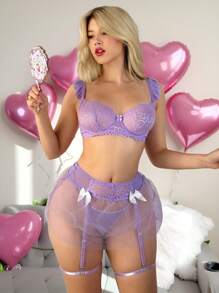 SHEIN 5 件套女士性感钢圈文胸内衣套装适合婚礼季节 - 淡紫色 - 查看 5