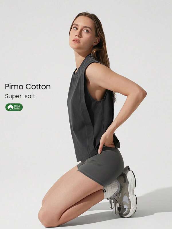GLOWMODE Washed Pima Cotton Effortless Wide Shoulder Deep Two Layer Armhole Side Slits Muscle Tank Top Gym Training Daily Casual Wear