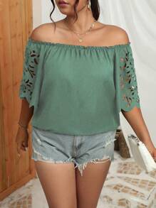 SHEIN Clasi Plus Size Summer Casual Solid Color Hollow Off-Shoulder Blouse - Olive Green - View 5