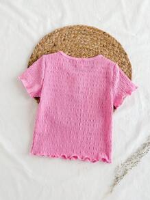 Loomiva Baby Girl Contrasting Ribbon Knitted Soft Round Neck Short Sleeve Ruffled Top - Pink - View 2
