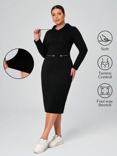 Flexra Plus Size Knit Casual Denim Elegant High Stretchy Midi Dress