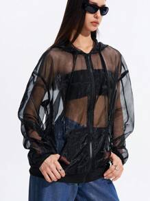 LYSMO Unisex Sheer Open Front Hoodie Sweatshirt, Fashionable And Forward-Looking, Spring/Summer - Black - View 7