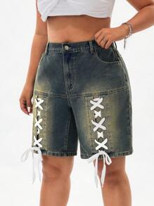 SHEIN ICON Plus Size Women's Vintage Washed Mid-Blue American Style Tie-Up Bermuda Denim Shorts  Summer Outfits For Women Festival Outfits Cowboy Outfits For Women Bermude Shorts