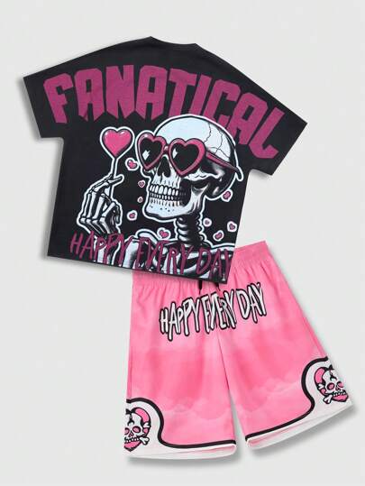 Street Life 2 Stücke/Set Herren Streetwear T-Shirt mit grafischem Muster und Shorts, geeignet für Frühling/Sommer