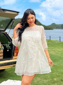 SHEIN EZwear 杏色镂空刺绣大码长袖连衣裙 - 米色 - 查看 5
