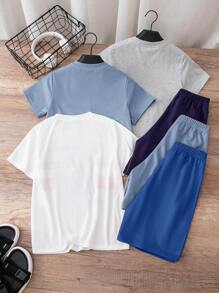 SHEIN Little Byeori 6件套男童休闲宽松字母印花圆领T恤短裤套装，适合通勤、上学、日常休闲穿着、运动、春夏穿着。 - 藏蓝色 - 查看 2