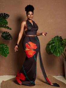 Maweii Women Plus Size Floral Print Halter Top And Skirt 2-Piece Set, Elegant For Summer - Coffee Brown - View 2