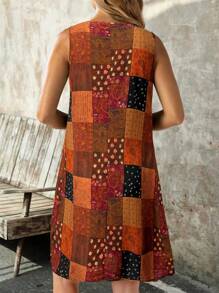 EMERY ROSE Vestido de mujer sin mangas de tejido con estampado de cuadros y paisley, ideal para vacaciones