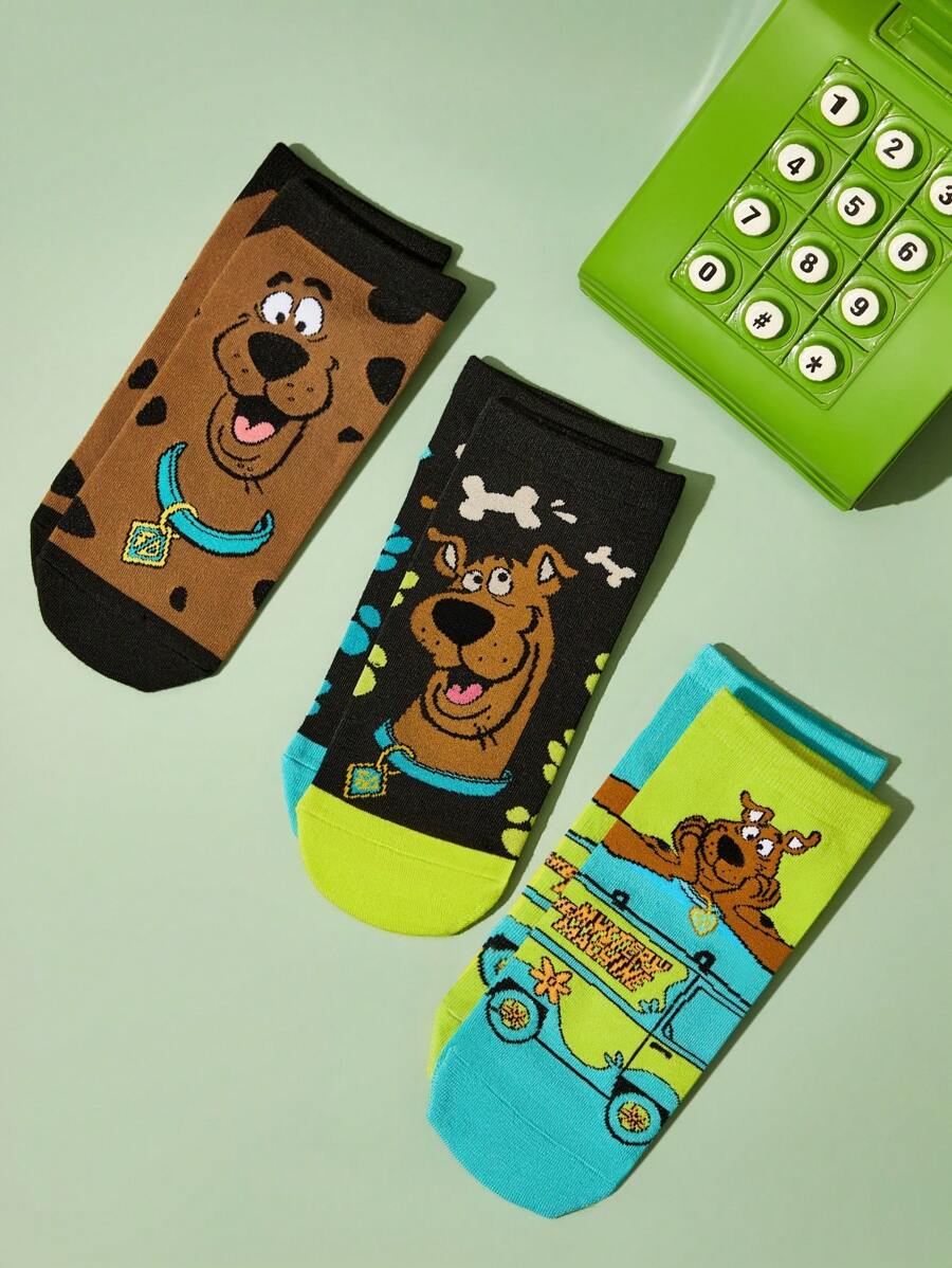 SCOOBY-DOO X SHEIN 3 Pairs Breathable Soft Ankle Socks, Reinforced Toe & Heel For Durability, Black & Brown Colors, Dog & Car Patterns, Suitable For All Seasons, Unisex