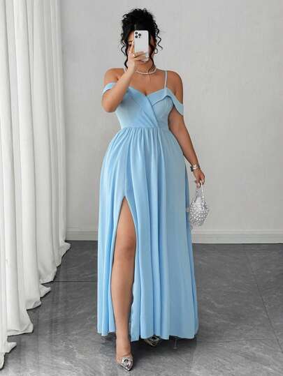 Elenzga Vestido largo de noche con tirantes finos, hombros abiertos y abertura, elegante para mujer talla grande