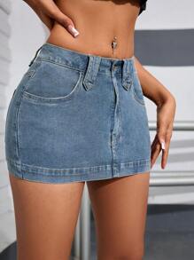 SHEIN PETITE Solid Color Form-Fitting Pocketed Sexy Bodycon Denim Mini Skirt - Light Wash - View 3