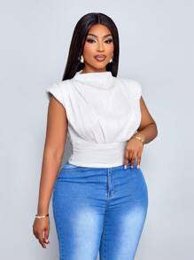 SOLERSUN 大码女式时尚优雅白色纯色立领褶皱背心外出上衣夏季 - 白色 - 查看 7