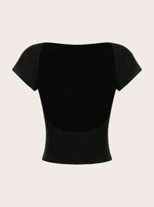 SHEIN Essnce 4 件豹纹纯色休闲圆领紧身镂空后背 T 恤，百搭女士短袖上衣，适合夏季外出 - 彩色 - 查看 4