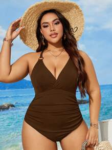 Swim Vcay Plus Size One-Piece Swimsuit, Solid Color, Spaghetti Strap, Fashionable For Summer - Brown - View 5