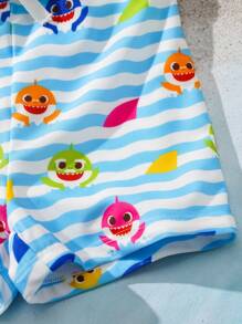 BABY SHARK X SHEIN Baby Boy Striped & Cartoon Print Swim Trunks