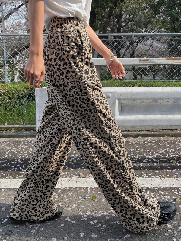 FRIFUL Women's High Waist Long Leopard Print Khaki Straight Pants