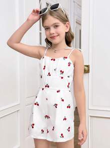 Tween Girls' Casual Cherry Print Woven Jumpsuit - White - View 5