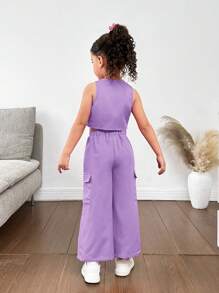 SHEIN 少女休闲春夏平纹梭织无袖背心和裤子套装 - 紫色 - 查看 2