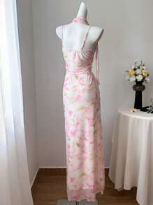 Comfortcana Bộ 2 váy maxi không tay in hoa thanh lịch cho nữ, mùa hè - Hồng - Xem 2