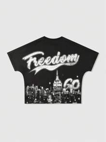 ROMWE MEN Street Life 男士字母印花圆领短袖T恤，复古街头风格 - 黑色 - 查看 2