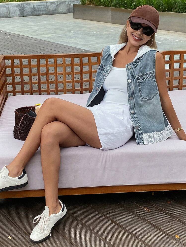 Women Lace Patchwork Hooded Sleeveless Casual Loose Denim Tank Top Vacation