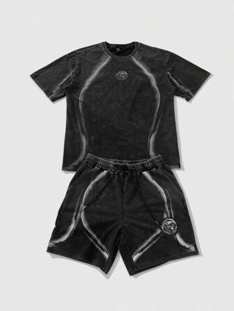 Street Life Conjunto de camiseta y pantalón corto de verano para hombres, diseño americano de la calle con estampado de caballo salpicado y lavado de prenda, manga corta