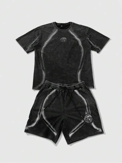 Street Life Neuer Herren T-Shirt Anzug für den Sommer, amerikanisches Straßen-Design mit spritzpunktiertem Pferde-Muster, garment-gewaschenes Kurzarm-Oberteil + Shorts Set