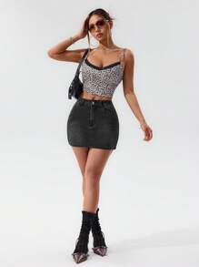 SHEIN PETITE Women's Summer Washed Asymmetrical Pocket Bodycon Denim Mini Skirt - Black - View 4