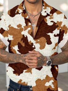 Manfinity Homme Western Cowboy Styled Faux Leather Print Slim Fit Short Sleeve Button Down Shirt For Men, Regular Sizing - Multicolor - View 1