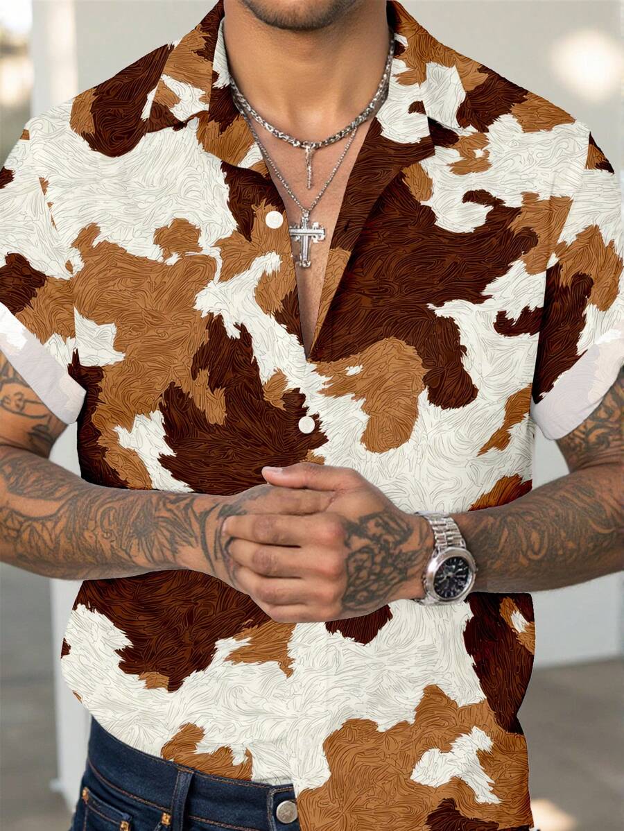 Manfinity Homme Western Cowboy Styled Faux Leather Print Slim Fit Short Sleeve Button Down Shirt For Men, Regular Sizing - Multicolor - View 1