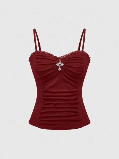 Gothic Cross Pendant Romantic Lace Patchwork Ruched Slim Fit Women Tank Top