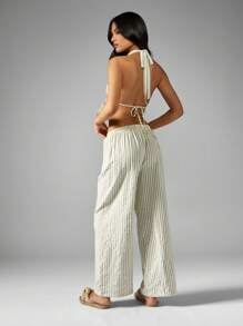 MISSGUIDED Stripe Halter Neck Waist Detail Top And Wide Leg Pants Two Piece Co Ord Set