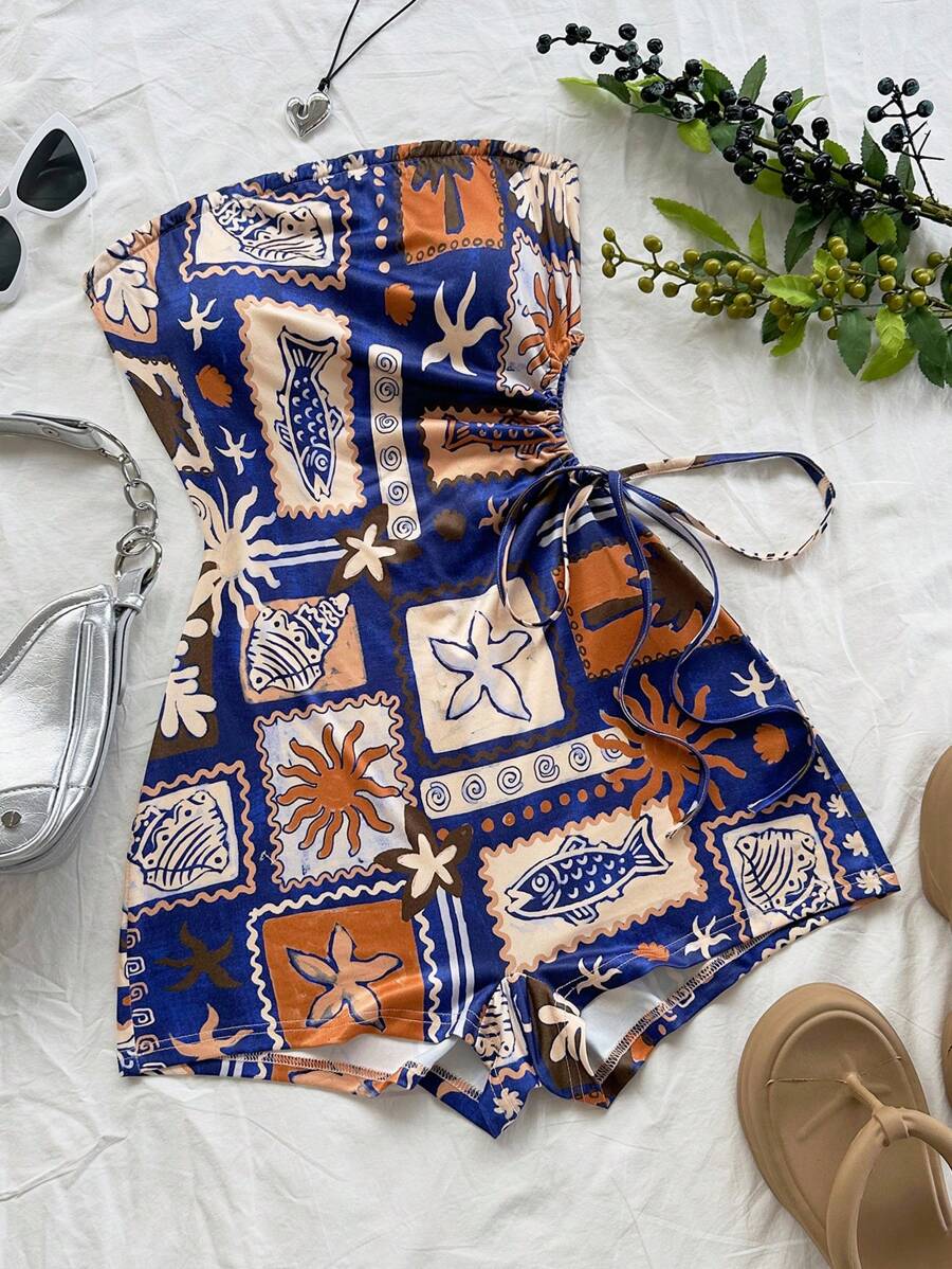 Soleia Tuta fasciante con spalline imbottite, con elementi tropicali di isola estiva come alberi di cocco, vita con laccetto, design traforato, adatta per vacanza, appuntamento, San Valentino, pomeriggio, Pasqua, vacanza, casual, boho, stile western, festival musicale, campagna, brunch, spiaggia, aeroporto, morbida, laurea, abbigliamento da vacanza donna, tuta fasciante, abito da cerimonia - Multicolore - Visualizzare 1