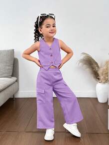 SHEIN 少女休闲春夏平纹梭织无袖背心和裤子套装 - 紫色 - 查看 4