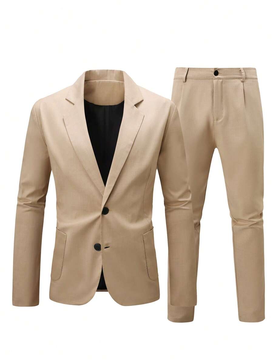 Calvornis Plus Size Men's Solid Color Button Front Long Sleeve Blazer And Pants Business/Casual Suit Set Men Casual Suit Men Suit Spring Fall 18 25 63 77 Men Suits Suit Set Suits For Men Suit Set - Khaki - View 1