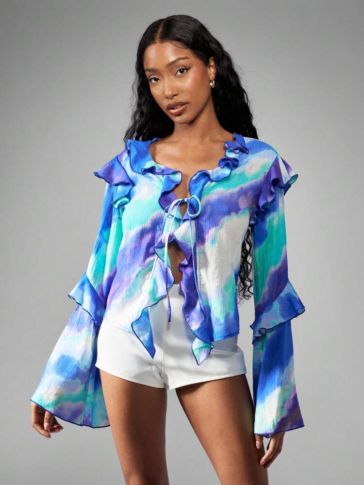 MISSGUIDED Camicetta con stampa acquerello e maniche lunghe a campana e volant annodati sul davanti