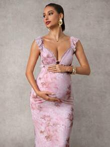 MaterniChic Pregnant Women's Full Print Sweetheart Neck Bodycon Elegant Dress Floral Mermaid Ruffle Classy Outfits For Baby Shower Wedding Guest Dress  Birthday Dresses For Maternity Pink Maternity Dress - Pink - View 2