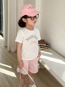 SHEIN 年轻女孩休闲字母蝴蝶结印花短袖T恤和短裤套装 - 彩色 - 查看 8