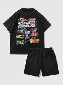 ROMWE MEN Street Life 2 pièces/Set T-shirt à manches courtes avec imprimé graphique et short pour hommes, style décontracté pour le printemps et l'été - Noir - Voir 1