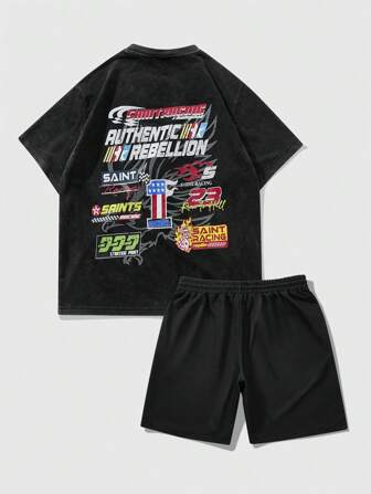 Street Life 2pcs/Set Men's Racing Street Letter Graphic Short Sleeve T-Shirt And Shorts Set, Casual For Spring & Summer