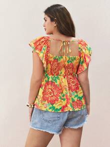 Maija Plus Size Summer Tropical Print Square Neck Ruffle Sleeve Babydoll Top For Women Elegant And Fashionable Bohemian Beach Holiday Style Casual Ruffle Loose,Summer Tops,Summer,Beach,Crop Tops Women,Western Wear Women,Going Out Tops,Vacation Woman,Office,Business Casual Women,Graduation,European Summer,Hawaii