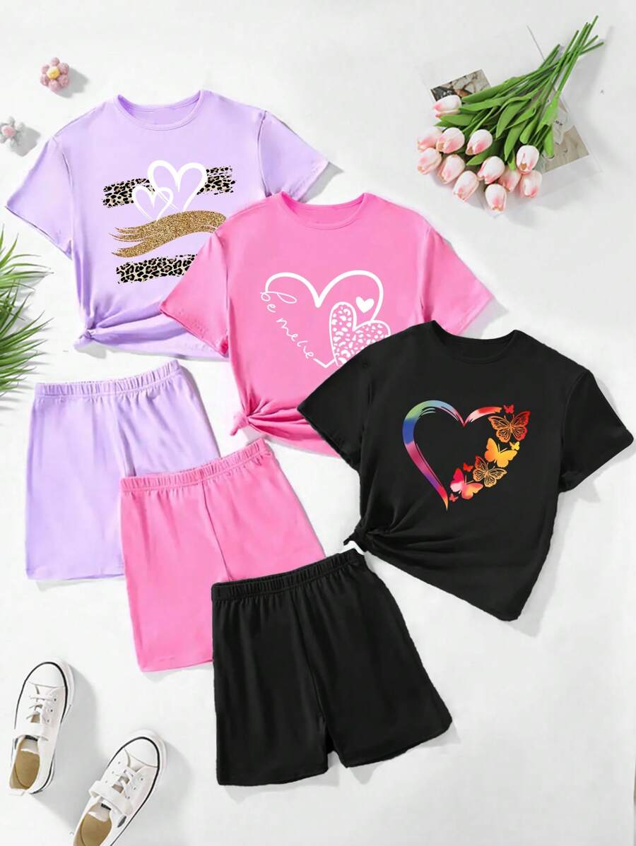 SHEIN 3 Sets Tween Girls Casual Leopard Print Colorful Heart Pattern Short Sleeve T-Shirt + Shorts Summer Outfits, School, Campus, College - Multicolor - View 1
