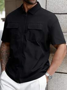 Manfinity Homme 男式加大码纯色拉链口袋短袖夏季衬衫夹克 - 黑色 - 查看 3