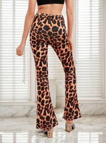 Easithlete Leopard Print Flared Leg Elastic Waist Sexy Skinny Pants - Brown - View 2