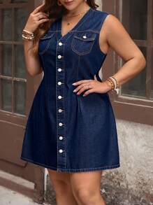 EMERY ROSE Plus Size Casual Denim Dress, Fashionable Suitable For Summer - Navy Blue - View 3