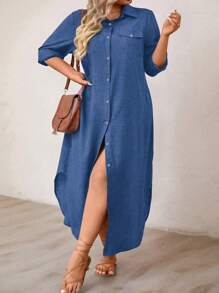 Linhara Đầm sơ mi dài tay màu trơn cỡ lớn cho nữ Maxi trang phục dành cho nữ - Xanh đậm - Xem 6
