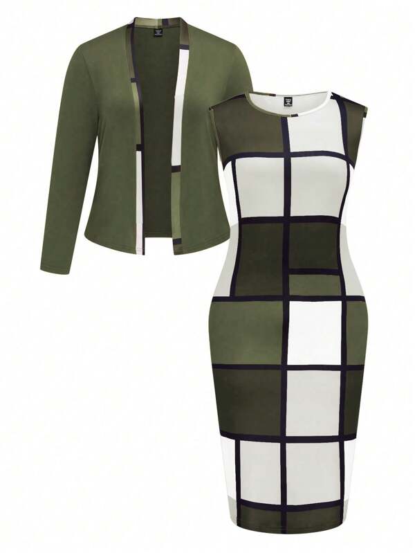 Plus Size Casual Contrast Color Print Long Sleeve Top And Sleeveless Dress Set