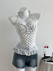 Elamini 女式可爱圆点蝴蝶结胸围设计腰部荷叶边挂脖吊带背心 - 白色 - 查看 6