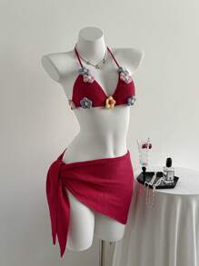 Elamini 2pcs Set Floral 3D Sweater, Vacation Style, Sexy
